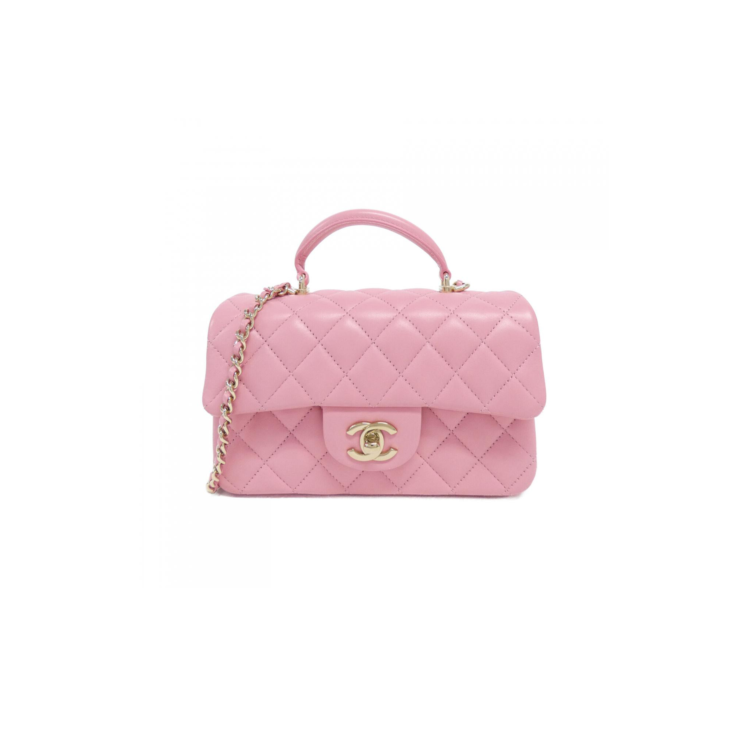 CHANEL QUILTED TOP HANDLE MINI RECTANGULAR PINK LAMBSKIN AS2431 (20*12*6cm)